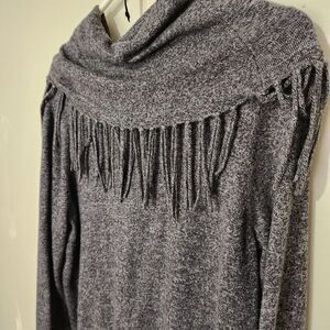 Chelsea and Theodore Top Sweater XL Gray Charcoal Fringed Cowl Neck Wool Blend